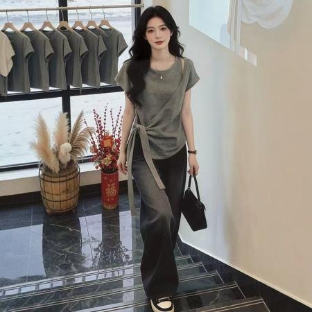 BY14801# 大码女装夏季新款绑带短袖T恤上衣 服裝批發女裝批發服飾貨源