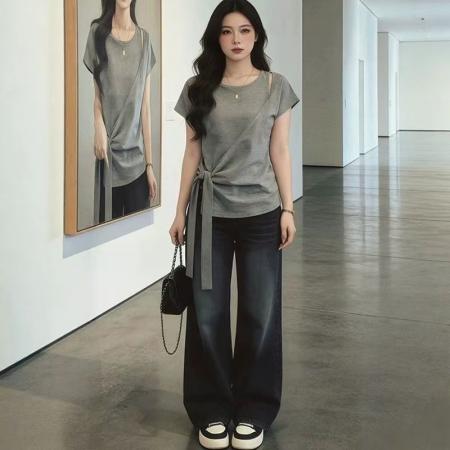 BY14801# 大码女装夏季新款绑带短袖T恤上衣 服裝批發女裝批發服飾貨源