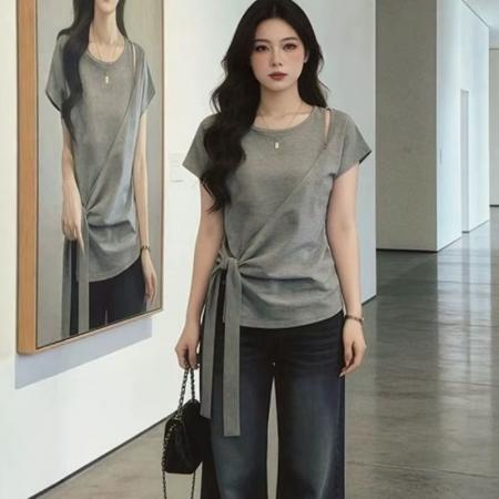 BY14801# 大码女装夏季新款绑带短袖T恤上衣 服裝批發女裝批發服飾貨源