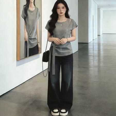 BY14801# 大码女装夏季新款绑带短袖T恤上衣 服裝批發女裝批發服飾貨源