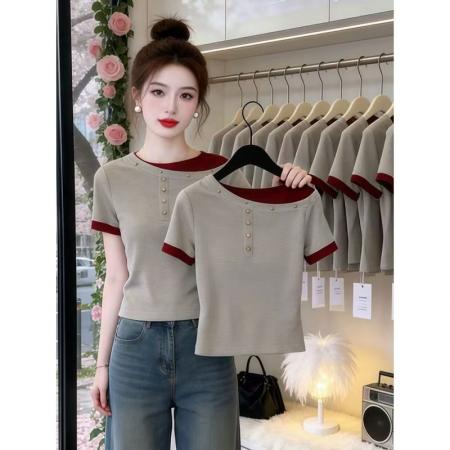 BY14802# 撞色假两件斜肩夏拼接短袖T恤女 服裝批發女裝批發服飾貨源