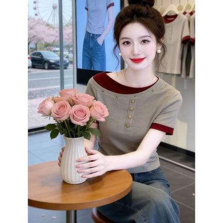 BY14802# 撞色假两件斜肩夏拼接短袖T恤女 服裝批發女裝批發服飾貨源