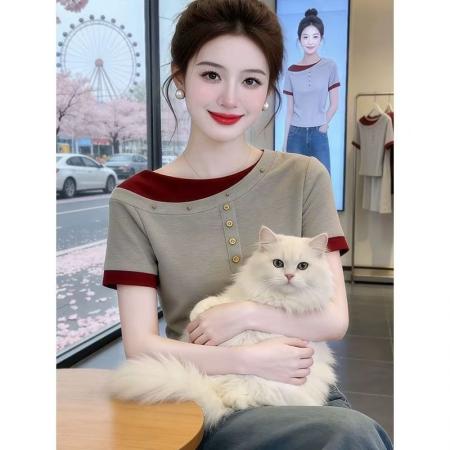 BY14802# 撞色假两件斜肩夏拼接短袖T恤女 服裝批發女裝批發服飾貨源