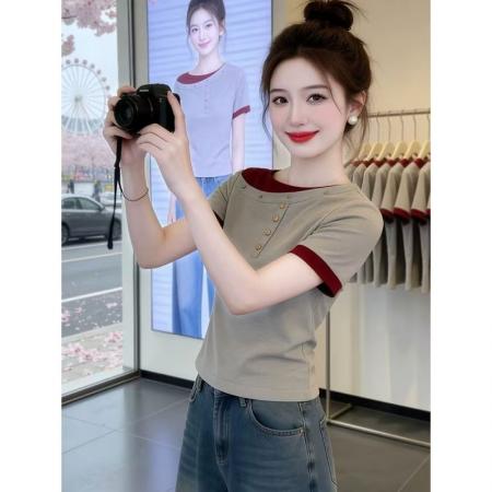 BY14802# 撞色假两件斜肩夏拼接短袖T恤女 服裝批發女裝批發服飾貨源