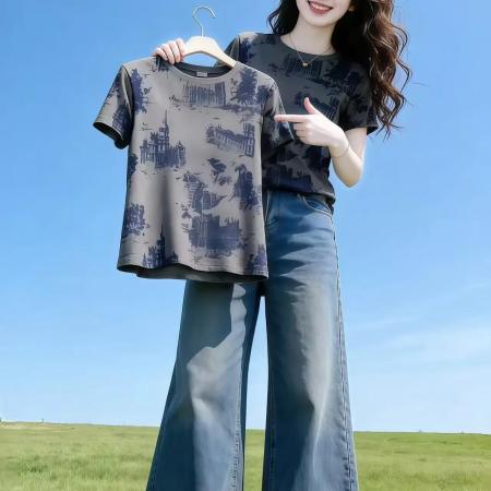 BY14804# 纯棉新款正肩圆领上衣复古印花时尚百搭T恤女 服裝批發女裝批發服飾貨源