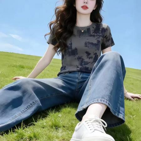 BY14804# 纯棉新款正肩圆领上衣复古印花时尚百搭T恤女 服裝批發女裝批發服飾貨源