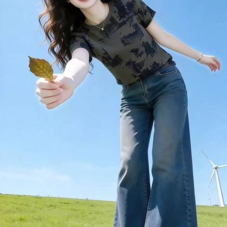 BY14804# 纯棉新款正肩圆领上衣复古印花时尚百搭T恤女 服裝批發女裝批發服飾貨源