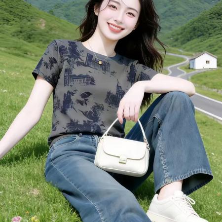 BY14804# 纯棉新款正肩圆领上衣复古印花时尚百搭T恤女 服裝批發女裝批發服飾貨源