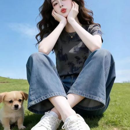 BY14804# 纯棉新款正肩圆领上衣复古印花时尚百搭T恤女 服裝批發女裝批發服飾貨源