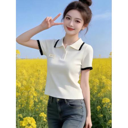 BY14805# 韩系气质白色polo领针织衫女夏季新款慵懒高级感休闲百搭上衣 服裝批發女裝批發服飾貨源