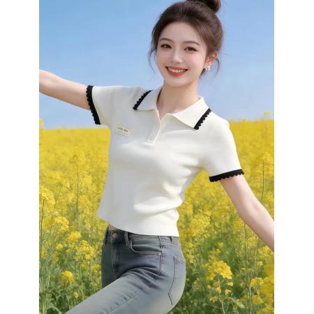 BY14805# 韩系气质白色polo领针织衫女夏季新款慵懒高级感休闲百搭上衣 服裝批發女裝批發服飾貨源