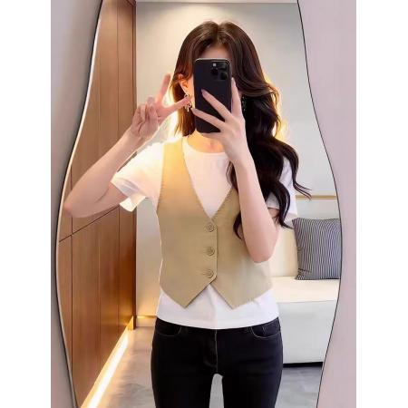 BY14806# 小众设计气质假两件短袖T恤女装夏季新款显瘦不规则正肩上衣 服裝批發女裝批發服飾貨源