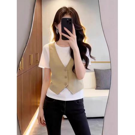 BY14806# 小众设计气质假两件短袖T恤女装夏季新款显瘦不规则正肩上衣 服裝批發女裝批發服飾貨源