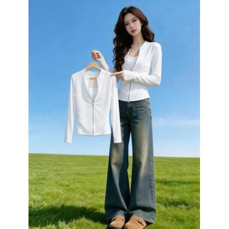 BY14807# 春夏新款韩版洋气时尚百搭纯色假两件显瘦拉链防晒上衣 服裝批發女裝批發服飾貨源