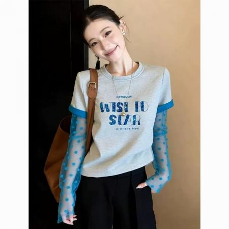 BY14808# 假两件春夏设计感甜辣妹长袖t恤女独特漂亮波点拼接印花正肩上衣 服裝批發女裝批發服飾貨源