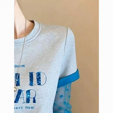 BY14808# 假两件春夏设计感甜辣妹长袖t恤女独特漂亮波点拼接印花正肩上衣 服裝批發女裝批發服飾貨源