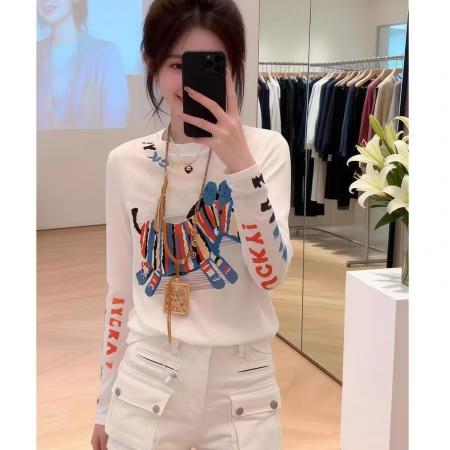 BY14809# 竹节罗纹彩色小马字母印花薄款长袖T恤女夏季新款宽松防晒罩衫 服裝批發女裝批發服飾貨源