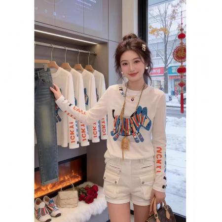 BY14809# 竹节罗纹彩色小马字母印花薄款长袖T恤女夏季新款宽松防晒罩衫 服裝批發女裝批發服飾貨源