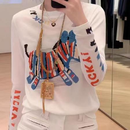 BY14809# 竹节罗纹彩色小马字母印花薄款长袖T恤女夏季新款宽松防晒罩衫 服裝批發女裝批發服飾貨源