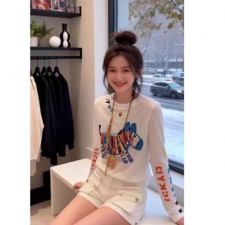 BY14809# 竹节罗纹彩色小马字母印花薄款长袖T恤女夏季新款宽松防晒罩衫 服裝批發女裝批發服飾貨源