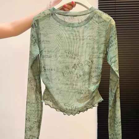 BY14810# 春季款气质显瘦街头风字母印花网纱上衣设计感防晒衫微透女 服裝批發女裝批發服飾貨源