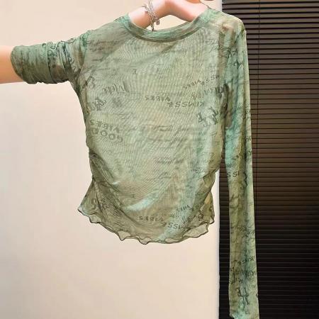 BY14810# 春季款气质显瘦街头风字母印花网纱上衣设计感防晒衫微透女 服裝批發女裝批發服飾貨源