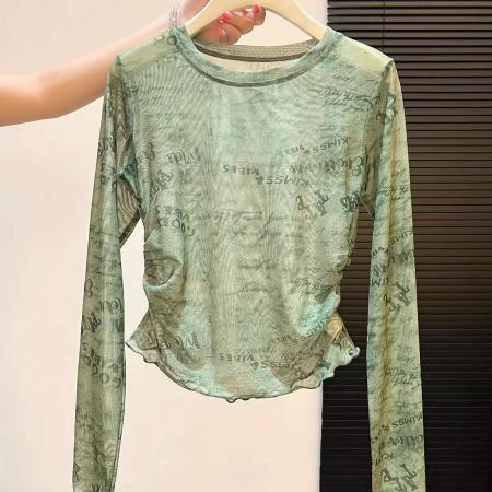 BY14810# 春季款气质显瘦街头风字母印花网纱上衣设计感防晒衫微透女 服裝批發女裝批發服飾貨源