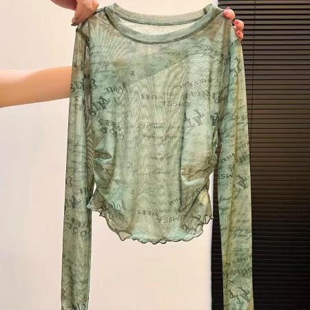 BY14810# 春季款气质显瘦街头风字母印花网纱上衣设计感防晒衫微透女 服裝批發女裝批發服飾貨源