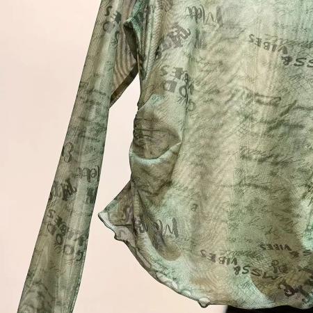 BY14810# 春季款气质显瘦街头风字母印花网纱上衣设计感防晒衫微透女 服裝批發女裝批發服飾貨源