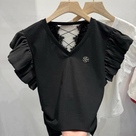 BY14813# 韩版修身短袖t恤女夏装新款后背镂空蕾丝拼接飞飞袖甜美上衣 服裝批發女裝批發服飾貨源