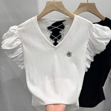 BY14813# 韩版修身短袖t恤女夏装新款后背镂空蕾丝拼接飞飞袖甜美上衣 服裝批發女裝批發服飾貨源