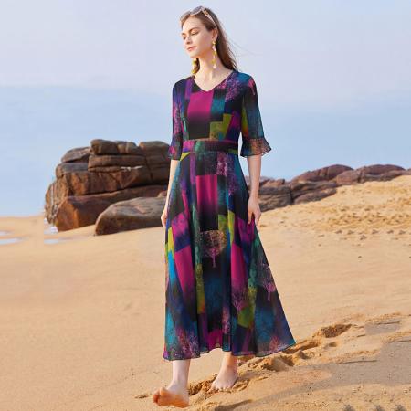 BY14815# 新款夏季印花雪纺v领套头高腰甜美度假沙滩显瘦连衣长裙 服裝批發女裝批發服飾貨源