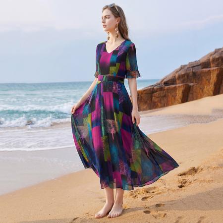 BY14815# 新款夏季印花雪纺v领套头高腰甜美度假沙滩显瘦连衣长裙 服裝批發女裝批發服飾貨源