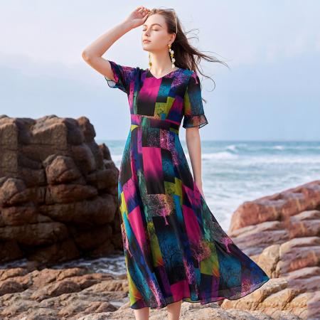 BY14815# 新款夏季印花雪纺v领套头高腰甜美度假沙滩显瘦连衣长裙 服裝批發女裝批發服飾貨源