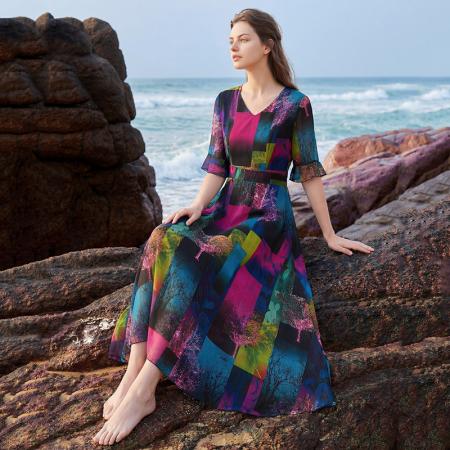 BY14815# 新款夏季印花雪纺v领套头高腰甜美度假沙滩显瘦连衣长裙 服裝批發女裝批發服飾貨源