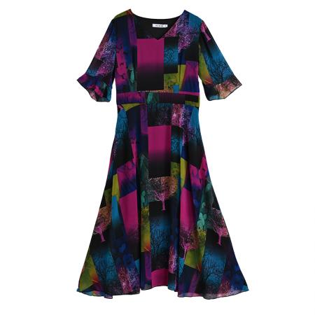 BY14815# 新款夏季印花雪纺v领套头高腰甜美度假沙滩显瘦连衣长裙 服裝批發女裝批發服飾貨源