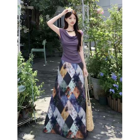 BY14821# 夏季新款大码法式成熟优雅气质感度假风显瘦上下套长裙两件套 服裝批發女裝批發服飾貨源