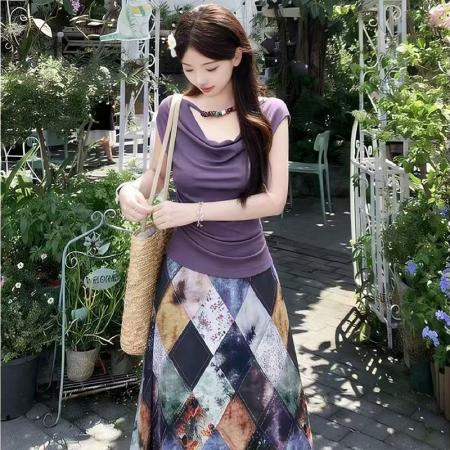 BY14821# 夏季新款大码法式成熟优雅气质感度假风显瘦上下套长裙两件套 服裝批發女裝批發服飾貨源