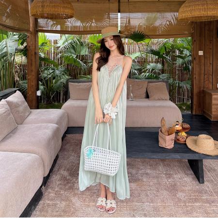 BY14823# 情人泪夏装气质水光皱A字裙烫钻网纱拼接褶皱连衣长裙 服裝批發女裝批發服飾貨源