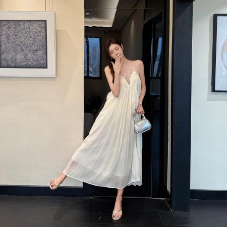 BY14823# 情人泪夏装气质水光皱A字裙烫钻网纱拼接褶皱连衣长裙 服裝批發女裝批發服飾貨源