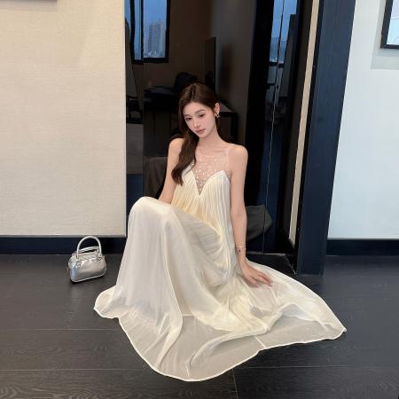 BY14823# 情人泪夏装气质水光皱A字裙烫钻网纱拼接褶皱连衣长裙 服裝批發女裝批發服飾貨源