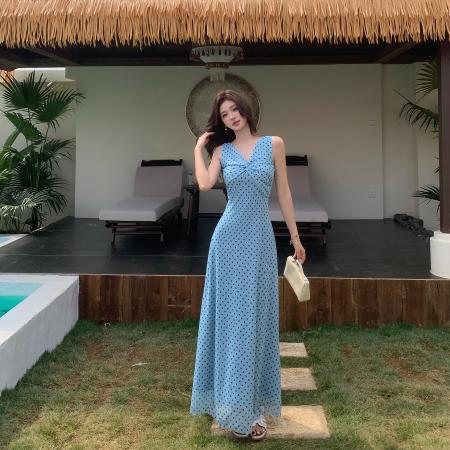 BY14825# 法式连衣裙新款度假风收腰显瘦扭结v领无袖波点裙ins 服裝批發女裝批發服飾貨源