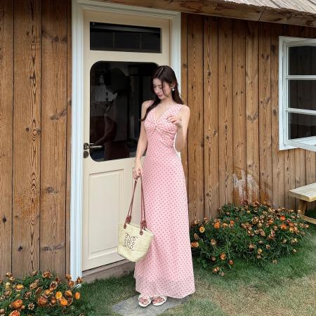 BY14825# 法式连衣裙新款度假风收腰显瘦扭结v领无袖波点裙ins 服裝批發女裝批發服飾貨源