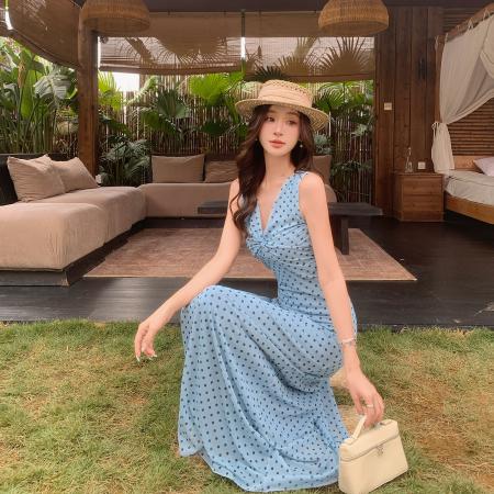 BY14825# 法式连衣裙新款度假风收腰显瘦扭结v领无袖波点裙ins 服裝批發女裝批發服飾貨源