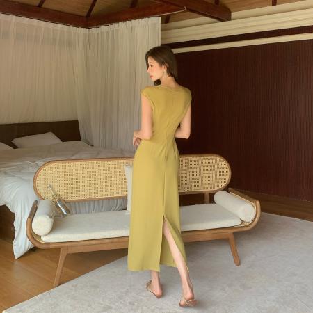 BY14826# 夏季新款水滴领褶皱气质显瘦显高百搭连衣裙高腰乱麻弹力长裙 服裝批發女裝批發服飾貨源