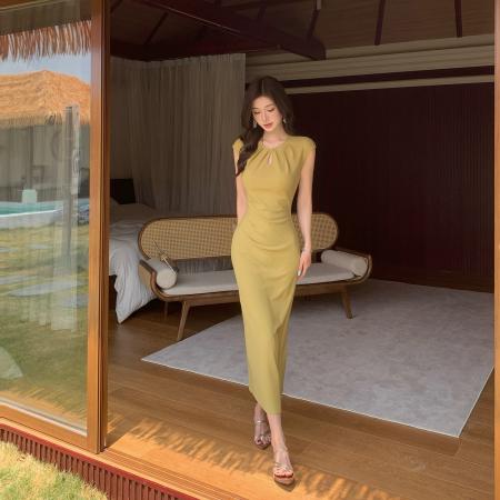 BY14826# 夏季新款水滴领褶皱气质显瘦显高百搭连衣裙高腰乱麻弹力长裙 服裝批發女裝批發服飾貨源