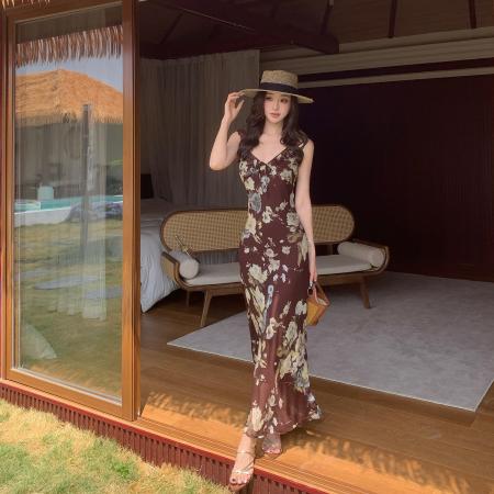 BY14830# 复古高品质花朵修身型显瘦度假连衣裙荷叶边鱼尾长裙女 服裝批發女裝批發服飾貨源