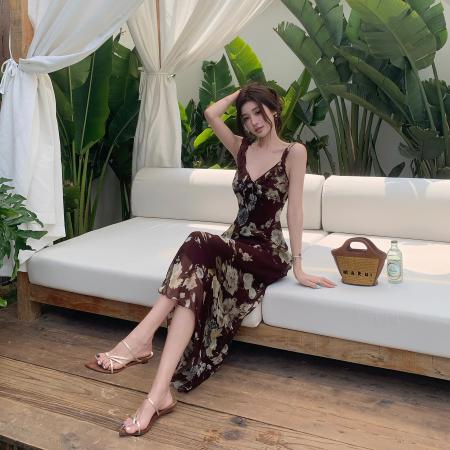 BY14830# 复古高品质花朵修身型显瘦度假连衣裙荷叶边鱼尾长裙女 服裝批發女裝批發服飾貨源