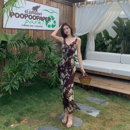 BY14830# 复古高品质花朵修身型显瘦度假连衣裙荷叶边鱼尾长裙女 服裝批發女裝批發服飾貨源