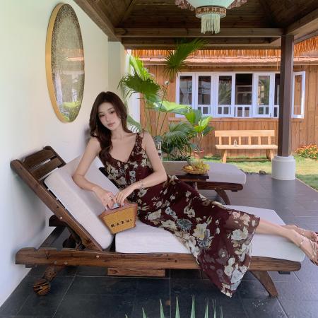 BY14830# 复古高品质花朵修身型显瘦度假连衣裙荷叶边鱼尾长裙女 服裝批發女裝批發服飾貨源